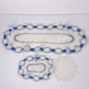 Vintage Lace Placemat  Blue snowflake pattern cottagecore Crochet Edge Doily